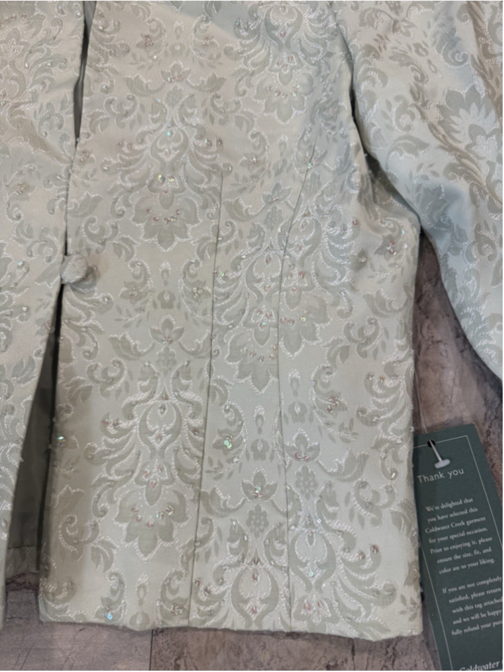 NWT Coldwater Creek Pale Green Sequin Damask Print Button Jacket 3/4 Sleeve 8 - Picture 3 of 7